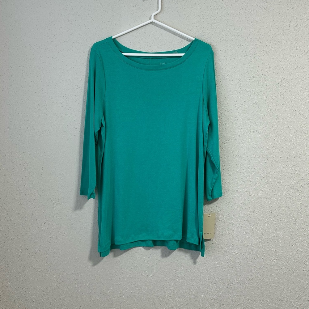 Sejour Womens Pullover top teal Blue Long Sleeve Scoop Neck Plus 1XL New